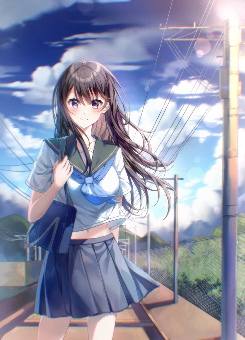 1girl absurdres arm_behind_back bag black_eyes black_hair blue_neckerchief blue_sailor_collar blue_skirt blue_sky blush breasts cloud collarbone commentary_request cowboy_shot hanashiro_anzu highres long_hair looking_at_viewer midriff_peek natsu_e_no_tunnel_sayonara_no_deguchi navel neckerchief outdoors pleated_skirt sailor_collar school_bag school_uniform serafuku shirt skirt sky smile solo sun sunlight transformer uchihasakino white_shirt