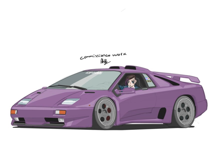 1boy adamartz blue_eyes blue_hoodie car commentary commission cuts english_commentary english_text from_side highres hood hood_down hoodie injury lamborghini lamborghini_diablo motor_vehicle original purple_car shadow short_hair signature simple_background solo spoiler_(automobile) sports_car vehicle_focus white_background