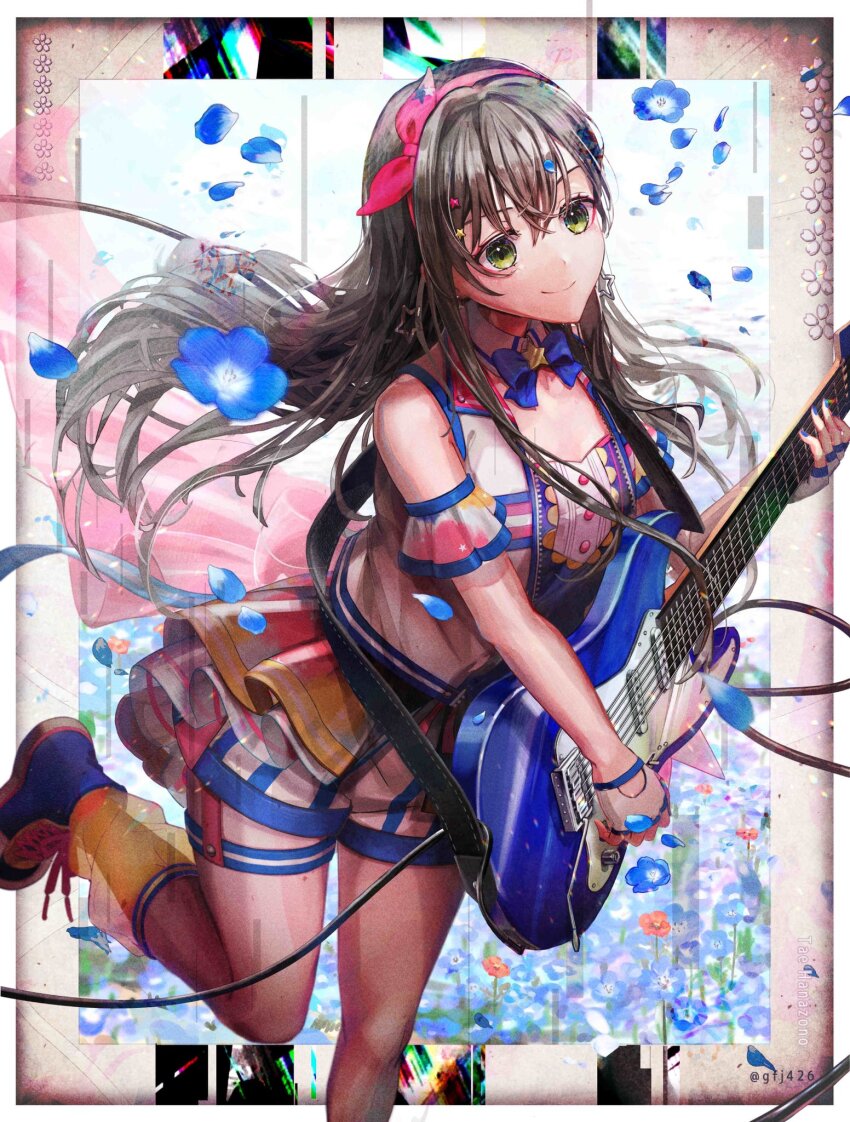 1girl bang_dream! bare_shoulders black_hair blue_flower blue_nails blue_petals blue_shoes earrings electric_guitar falling_petals fingerless_gloves fingernails flower gloves green_eyes guitar hanazono_tae highres holding holding_guitar holding_instrument instrument jewelry long_hair multicolored_shirt nail_polish nasuharu_(kom_4em) petals shoes shorts solo star_(symbol) star_earrings white_gloves white_shorts