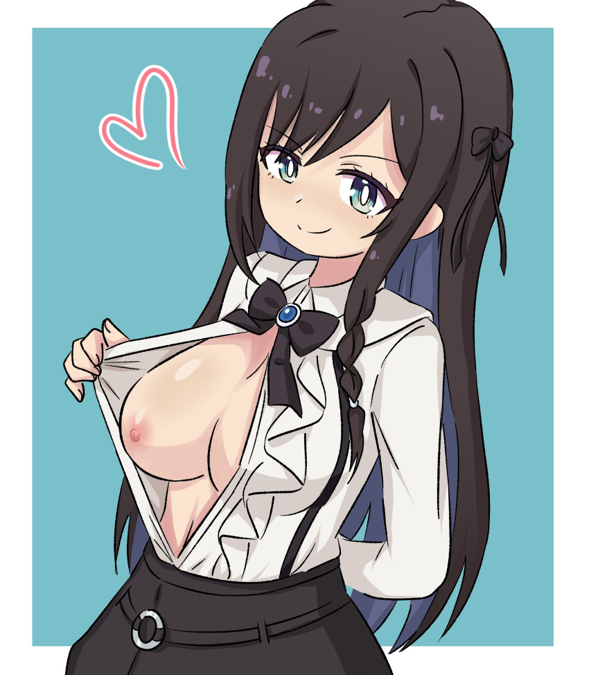 1girl aged_down alina_clover black_bow black_hair blue_hair blush bow breasts closed_mouth female_focus green_eyes guild_no_uketsukejou_desu_ga_zangyou_wa_iya_nanode_boss_wo_solo_toubatsu_shiyou_to_omoimasu heart jua large_breasts long_hair looking_at_viewer multicolored_hair nipples nose school_uniform skirt smirk solo