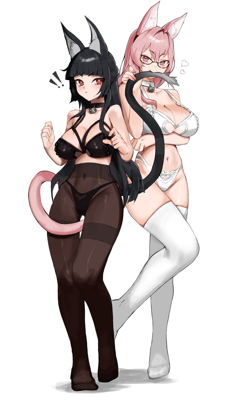 ! !! 2girls absurdres animal_ear_fluff animal_ears bell biting_another&#039;s_tail black_bra black_hair black_panties black_pantyhose bra breasts cat_ears cat_tail closed_mouth commentary covered_navel english_commentary glasses heart highres hirosenpai hoshimi_miyabi large_breasts lingerie multi-strapped_bra multiple_girls navel neck_bell panties panties_under_pantyhose pantyhose pink_hair purple_eyes red_eyes simple_background stomach tail tail_wrap thighhighs thighs toes tsukishiro_yanagi underwear white_background white_bra white_panties white_thighhighs yuri zenless_zone_zero