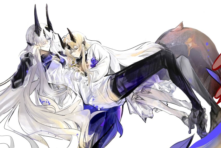 2girls aged_down arknights black_shirt blonde_hair closed_eyes dragon_girl dragon_tail dress hair_over_one_eye high_heels highres horns hug incest light_smile lillizzy long_hair long_sleeves mary_janes multiple_girls multiple_horns necrass_(arknights) pantyhose reed_(arknights) shirt shoes siblings sisters tail thighhighs very_long_hair white_dress white_hair white_pantyhose yuri