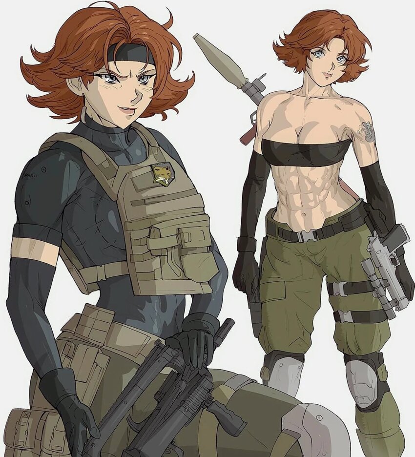 1girl abs assault_rifle bandeau black_bandeau black_gloves black_headband black_shirt blue_eyes breasts brown_hair bullpup cleavage collarbone commentary desert_eagle earrings elbow_gloves electronic_firearm english_commentary famas gloves green_pants gun handgun headband highres holding holding_gun holding_weapon jewelry knee_pads medium_breasts meryl_silverburgh metal_gear_(series) metal_gear_solid_4:_guns_of_the_patriots navel pants pistol rifle rocket-propelled_grenade rocket_(projectile) rocket_launcher rpg rpg-7 rpg_(weapon) scope shirt shoulder_tattoo smile submachine_gun t-shirt tattoo toned weapon yoracrab