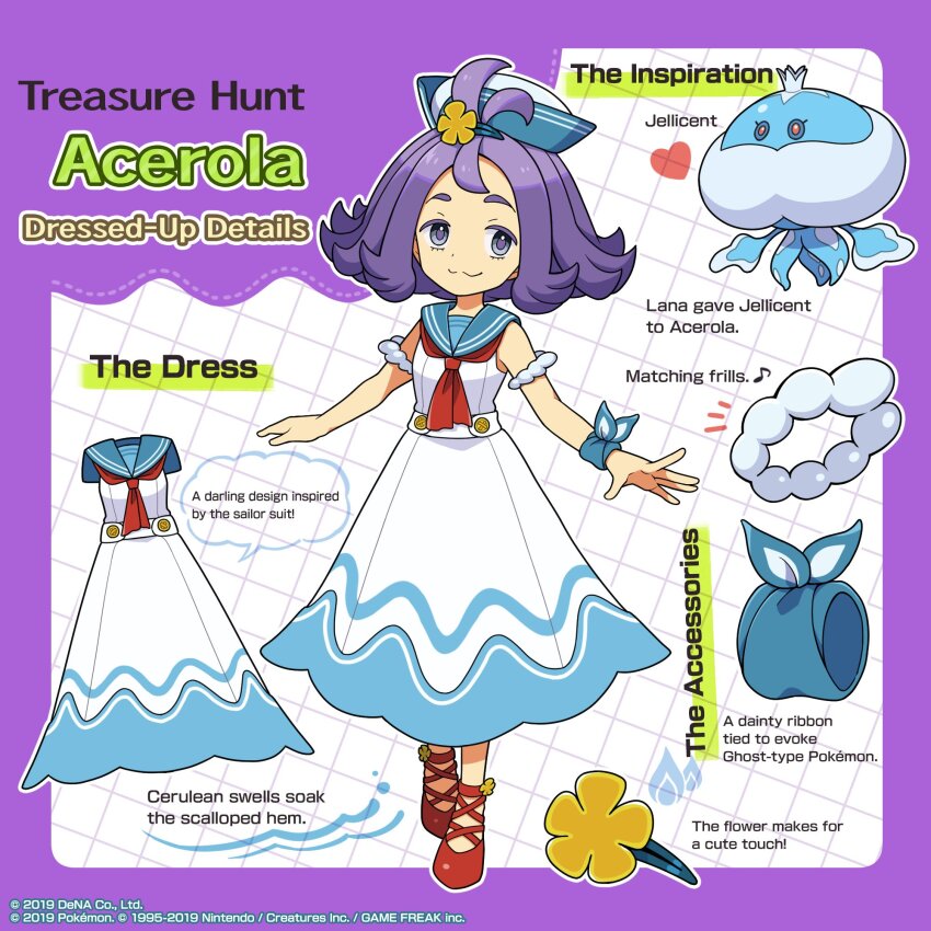 1girl :3 acerola_(pokemon) acerola_(summer_2024)_(pokemon) artist_request border closed_mouth commentary copyright_name english_text flipped_hair gen_5_pokemon grid_background hat heart highres jellicent jellicent_(male) medium_hair musical_note neckerchief nintendo official_alternate_costume official_art pokemon pokemon_(creature) pokemon_masters_ex purple_border purple_hair red_footwear red_neckerchief ribbon sailor_collar shirt shoes skirt sleeveless sleeveless_shirt smile speech_bubble split_mouth topknot watermark white_shirt white_skirt wrist_ribbon