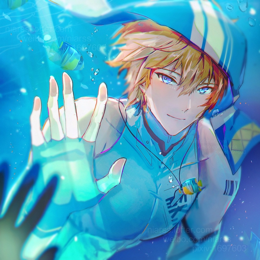 1boy barcode barcode_tattoo blue_eyes highres in_water lee:_entropy_(oceanic_blues)_(pgr) lee:_entropy_(pgr) lee_(pgr) looking_at_viewer niarss official_alternate_costume palms punishing:_gray_raven smile solo_focus tattoo