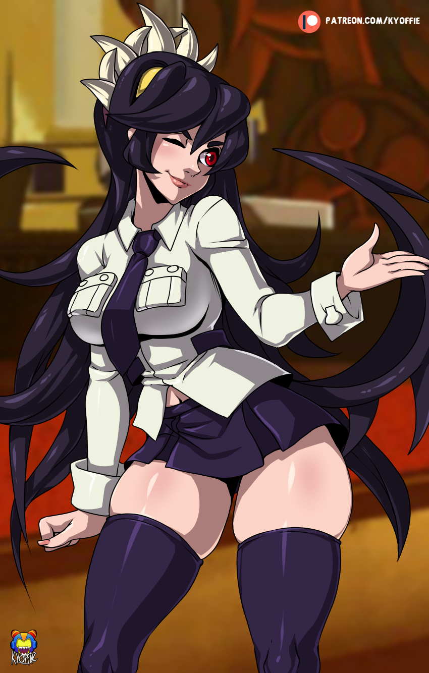 1girl absurdres black_hair blush filia_(skullgirls) hand_up highres kyoffie long_hair navel necktie one_eye_closed pleated_skirt purple_hair red_eyes samson_(skullgirls) school_uniform sharp_teeth skindentation skirt skullgirls smile solo teeth thick_thighs thighhighs thighs yellow_eyes