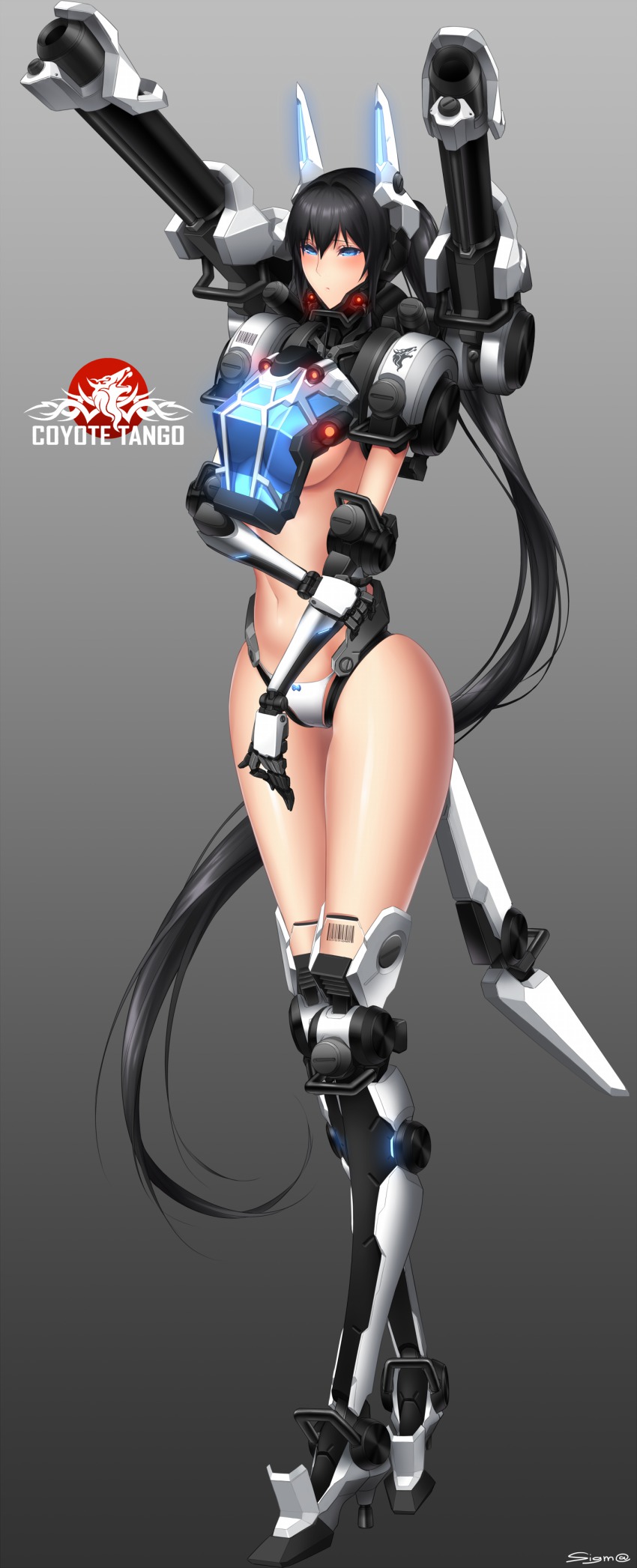 absurdres artillery ballistic_mortar_cannons black_hair blue_eyes cannon coyote coyote_tango highres jaeger_(pacific_rim) legendary_pictures long_hair mortar_(weapon) pacific_rim pan_pacific_defense_corps panties personification shoulder_cannon shoulder_gun underwear