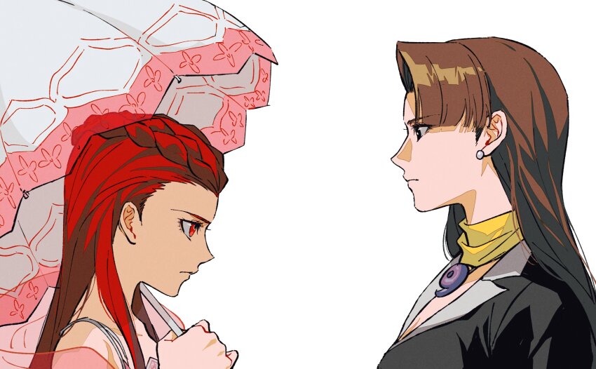 2girls absurdres ace_attorney ako_(eanaaati1) black_suit braid brown_hair closed_mouth crown_braid dahlia_hawthorne formal_clothes from_side hand_up highres long_hair looking_at_another magatama mia_fey multiple_girls parasol phoenix_wright:_ace_attorney_-_trials_and_tribulations red_eyes red_hair simple_background suit umbrella upper_body white_background