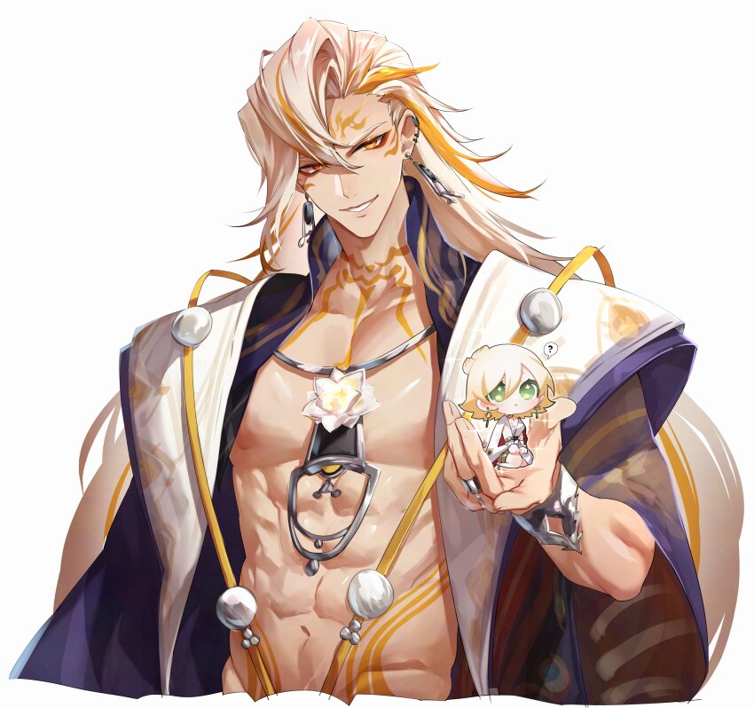 2boys ? abs absurdres character_request chest_tattoo clothing_request commentary commentary_request ear_piercing earrings facial_tattoo highres jewelry konsai_2 long_hair male_focus multiple_boys multiple_piercings muscular muscular_male onmyoji piercing simple_background smile stomach_tattoo tattoo upper_body white_background white_hair yellow_eyes