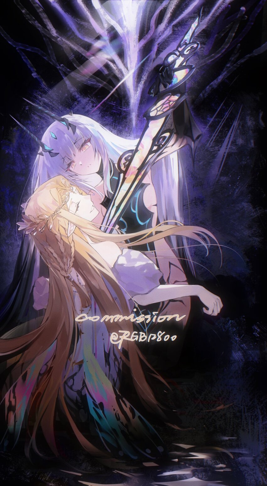 2girls aurora_(fate) bare_shoulders black_background black_hands black_panties blonde_hair body_markings braid breasts circlet closed_eyes colored_extremities commission dragon_girl dragon_horns dress fairy fairy_wings fate/grand_order fate_(series) forked_eyebrows gradient_skin highres holding holding_sword holding_weapon horns long_hair melusine_(fate) melusine_(third_ascension)_(fate) mud multiple_girls panties pointy_ears revealing_clothes rgb12800 sideboob sidelocks smile sword sword_to_throat underwear weapon white_dress white_hair wings yellow_eyes
