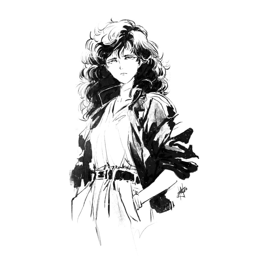 1girl alien_(series) aliens_(1986) alzandahh curly_hair ellen_ripley expressionless hands_in_pockets highres jacket long_hair messy_hair monochrome open_clothes open_jacket pants shirt sketch sleeves_rolled_up solo white_background
