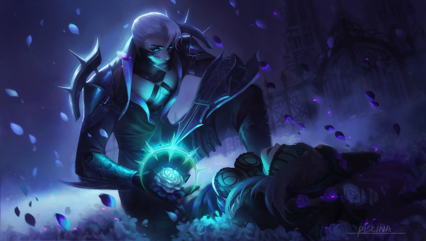 1boy 1girl absurdres armor artist_name backlighting blade blue_eyes bracer breasts dark_background flower flower_bed gate highres huge_filesize league_of_legends lying mask on_back on_one_knee petals piscina syndra torn_mask white_hair withered_rose_syndra zed_(league_of_legends)