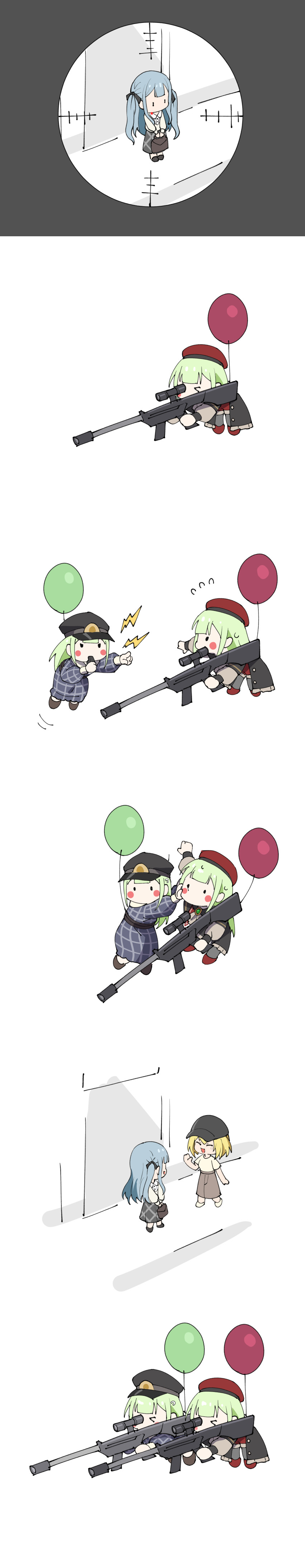 4girls absurdres balloon bang_dream! bang_dream!_it&#039;s_mygo!!!!! baseball_cap black_hat blonde_hair blue_dress blue_hair blush commentary dated_commentary dress dual_persona flying_sweatdrops green_hair grey_skirt gun hat highres incredibly_absurdres long_hair long_image medium_hair misumi_uika mortis_(bang_dream!) mortis_(costume)_(bang_dream!) mortis_(persona)_(bang_dream!) multiple_girls open_mouth plaid_clothes plaid_dress red_hair rifle scope short_sleeves skirt sniper_rifle tall_image togawa_sakiko wakaba_mutsumi wakaba_mutsumi_(doll) weapon yzj21333