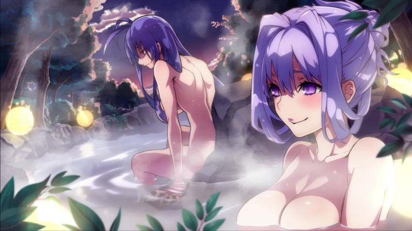 2girls antenna_hair bathing blazblue blazblue:_chronophantasma blazblue_remix_heart blue_hair blush breasts cleavage cloud collarbone completely_nude facing_away floating_breasts from_behind game_cg genderswap genderswap_(mtf) hair_down hair_up highres kajun_faycott large_breasts long_hair looking_at_another looking_away mai_natsume multiple_girls night nude official_art onsen outdoors partially_submerged pink_eyes purple_eyes purple_hair rock sad sideboob sitting sky smile steam sumeshi_(ambivalince) tree very_long_hair water wet