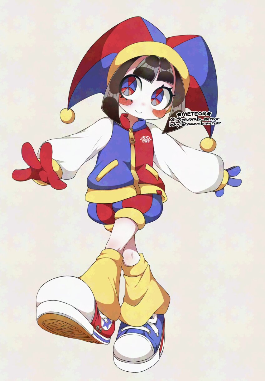 1girl artist_name asymmetrical_gloves blue_eyes blue_gloves blue_jacket bluesky_username brown_hair closed_mouth colored_skin commentary full_body gloves hat highres jacket jester_cap leg_warmers long_sleeves mismatched_gloves multicolored_eyes multicolored_jacket pomni_(the_amazing_digital_circus) red_eyes red_gloves red_jacket shoes short_hair shorts simple_background smile sneakers solo symbol-only_commentary the_amazing_digital_circus twitter_username two-tone_jacket walking white_skin white_sleeves yawaraka_meteor yellow_leg_warmers