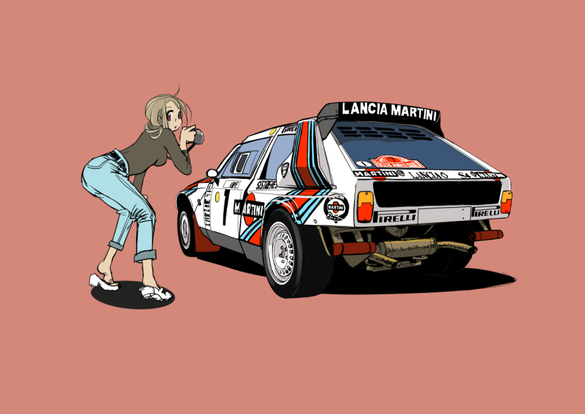 1girl belt black_belt black_shirt blue_pants breasts brown_eyes brown_hair camera car denim hair_behind_ear holding holding_camera jeans lancia_(brand) lancia_delta_s4 long_sleeves looking_at_viewer martini_(brand) medium_breasts motor_vehicle no_socks original pants pirelli race_vehicle racecar rally_car red_background ryoba_ken_(morova) sandals shirt shirt_tucked_in solo vehicle_focus white_sandals world_rally_championship