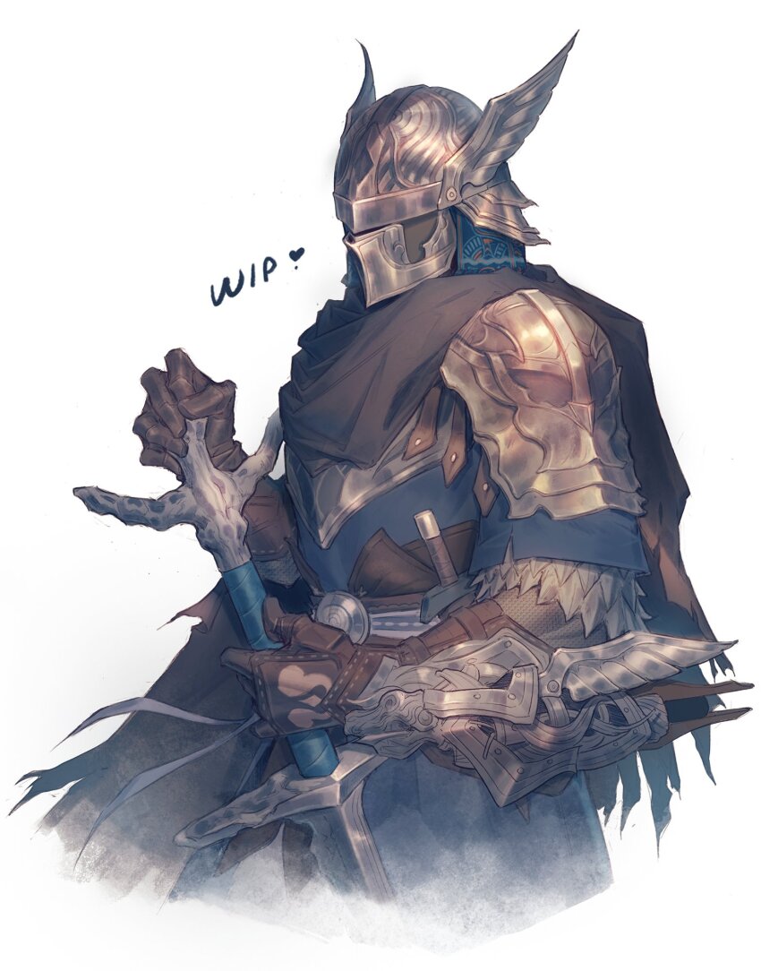 black_cloak cloak commentary elden_ring elden_ring_nightreign english_commentary gauntlets helmet highres holding holding_sword holding_weapon jemonei simple_background standing sword unfinished weapon white_background winged_helmet wylder_(elden_ring)