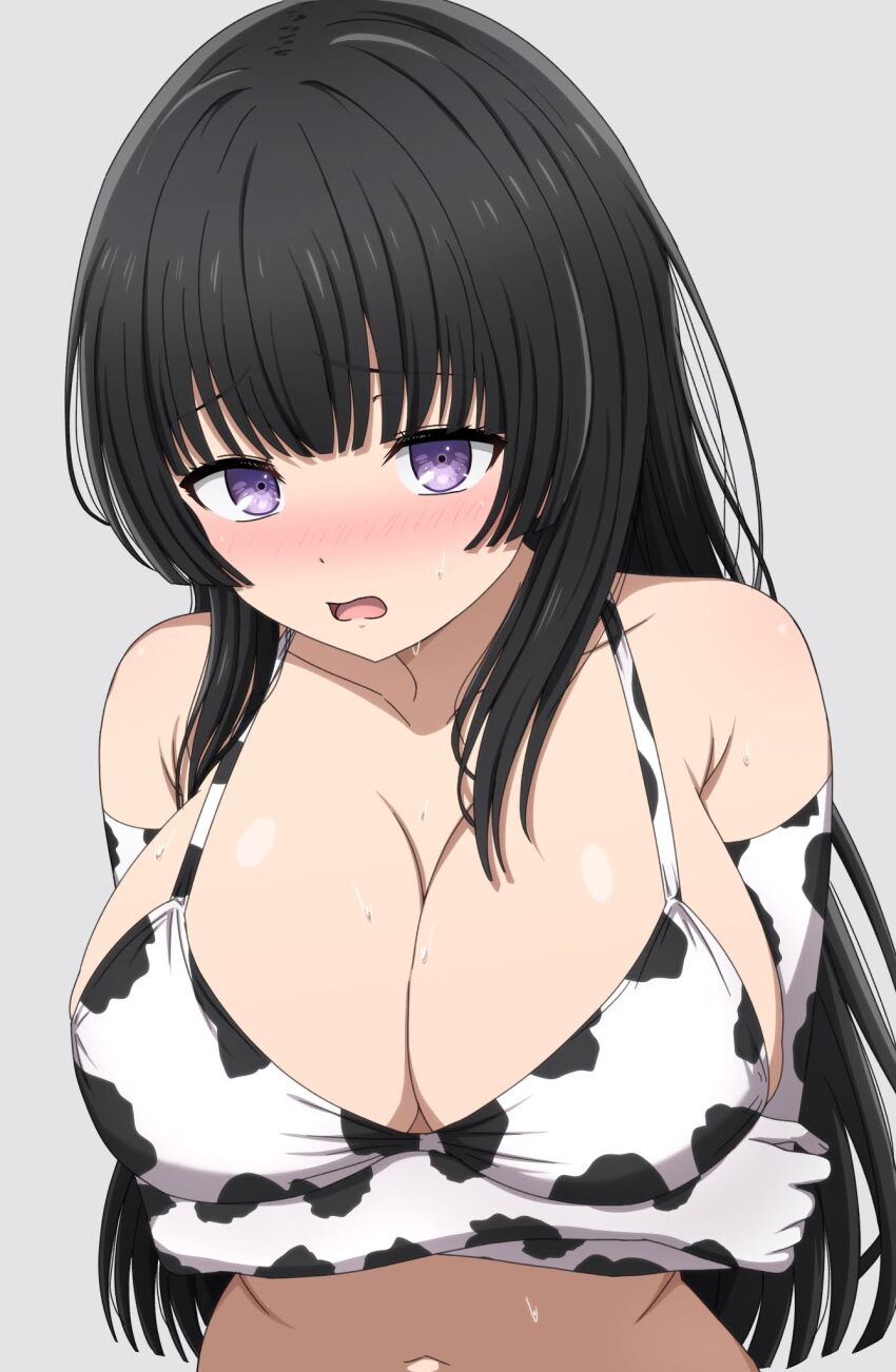 1girl animal_print bang_dream! bikini blush breasts commentary cow_print cow_print_bikini cow_print_gloves elbow_gloves gloves grey_background highres large_breasts long_hair looking_at_viewer navel noshimurin open_mouth print_bikini print_gloves purple_eyes shirokane_rinko simple_background solo sweat swimsuit