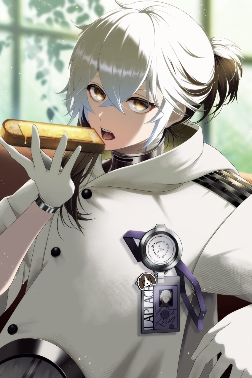 1other androgynous bread bread_slice butter coat dog_sticker eating food gloves hair_between_eyes hand_up highres holding holding_food hood hood_down hooded_coat id_card looking_at_viewer medicine_pocket medium_hair milmil7 multicolored_hair open_mouth ponytail reverse:1999 short_ponytail solo streaked_hair teeth toast upper_body upper_teeth_only white_coat white_gloves white_hair window yellow_eyes