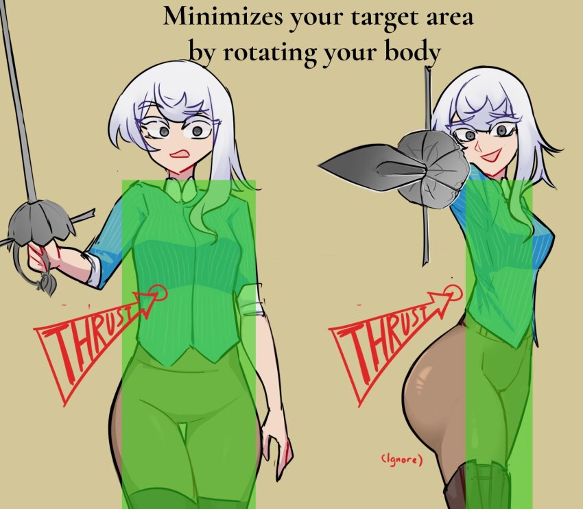 1girl ass blue_shirt boots breasts brown_pantyhose centurii-chan colored_eyelashes english_text fencing from_side gloves grey_eyes highres hitbox holding holding_weapon huge_ass long_sleeves looking_at_viewer made_in_2024 open_mouth original pantyhose pointing pointing_at_viewer rapier rapier-chan_(centurii-chan) shirt simple_background single_sidelock small_breasts smile sword thigh_boots weapon white_hair