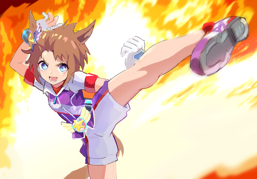 1girl animal_ears arm_up belt biko_pegasus_(umamusume) blue_eyes breasts brown_hair fire gloves horse_ears horse_girl horse_tail jacket kicking okken open_mouth shoes short_hair short_sleeves shorts small_breasts smile sneakers solo standing standing_on_one_leg tail umamusume v-shaped_eyebrows white_gloves white_shoes white_shorts