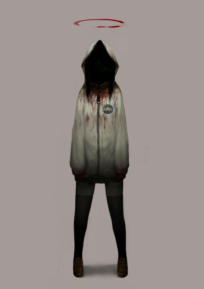 1girl absurdres black_hair blood blood_halo creepy female_focus full_body halo highres horror_(theme) jacket liquid_halo original solo takeyuki15 thighhighs