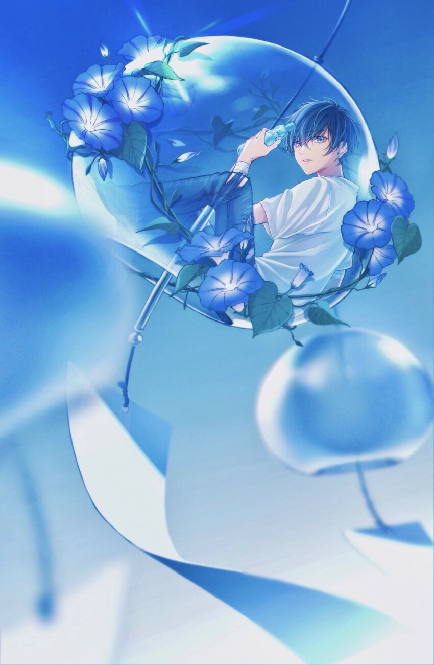 1boy bandaged_arm bandages blue_background blue_eyes blue_flower blue_hair blue_pants bottle commentary_request denim earrings flower from_side full_body hair_between_eyes highres holding holding_bottle jeans jewelry knee_up looking_to_the_side male_focus moxamog original pants parted_lips shirt short_hair sitting solo stud_earrings torn_clothes torn_jeans torn_pants water_bottle white_shirt