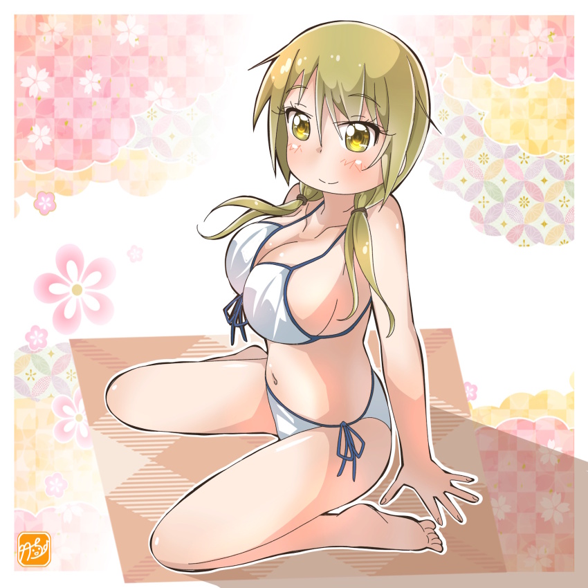 1girl artist_logo bikini blonde_hair blue_trim breasts commentary_request front-tie_bikini_top front-tie_top full_body highres ichii_yui large_breasts logo long_hair low_twintails side-tie_bikini_bottom sitting smile solo swimsuit takecho twintails wariza white_bikini yellow_eyes yuyushiki