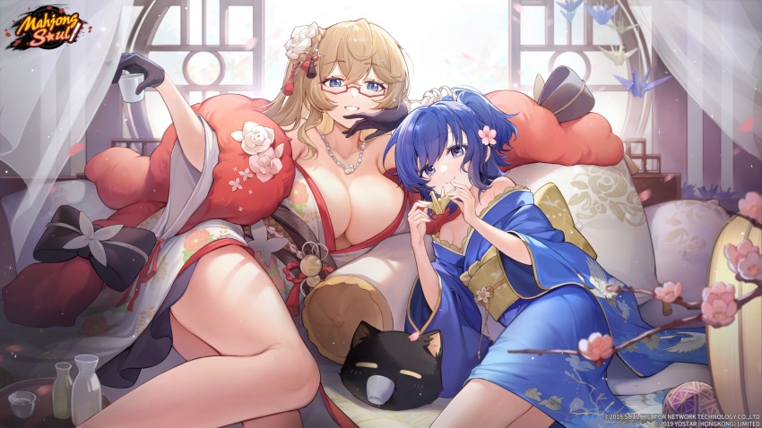 2girls artist_request black_gloves blonde_hair bloom blue_eyes blue_hair bottle breasts cherry_blossoms choko_(cup) cleavage couch cup curtains cushion day finger_to_mouth floral_print glasses gloves highres holding holding_cup indoors japanese_clothes jewelry kimono kisaragi_ayane large_breasts long_hair looking_at_viewer mahjong_soul multiple_girls nanami_reina necklace off_shoulder official_alternate_costume official_art open_window origami paper_crane pinky_to_mouth ponytail purple_eyes red-framed_eyewear ribbon sake_bottle semi-rimless_eyewear smile stenciled_rose thighs tray under-rim_eyewear white_ribbon window