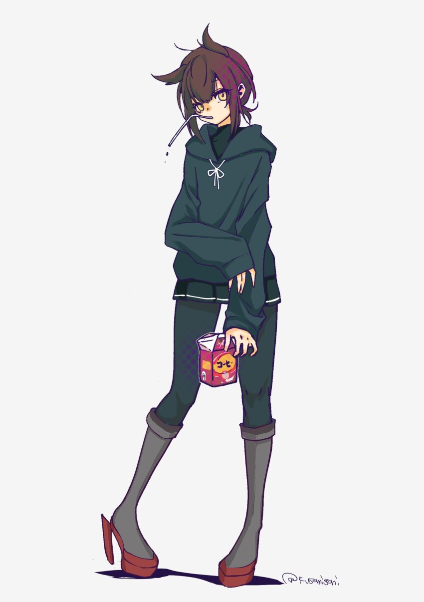 1girl black_hoodie black_pantyhose black_skirt boots brown_hair carton coffee commentary_request drinking_straw drinking_straw_in_mouth full_body grey_background hair_between_eyes hair_flaps hatsuzuki_(kancolle) highres holding holding_carton hood hood_down hoodie kantai_collection kusomisoni long_sleeves looking_at_viewer miniskirt pantyhose pleated_skirt rudder_footwear simple_background skirt sleeves_past_wrists standing twitter_username yellow_eyes