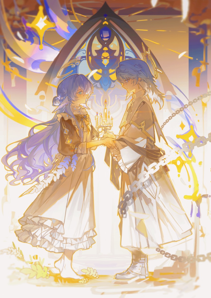 1boy 1girl absurdres aged_down barefoot black_ribbon black_sleeves blue_pupils blurry boots bow bowtie braid brother_and_sister candelabra candle candlestand chain closed_mouth coat crying crying_with_eyes_open depth_of_field dress earrings feathered_wings frilled_sleeves frills from_side full_body gold_earrings gold_trim green_eyes grey_coat grey_footwear grey_hair hair_between_eyes hair_bun half_up_braid halo halo_behind_head head_wings highres holding holding_candle holding_hands honkai:_star_rail honkai_(series) iron_hailai jewelry long_hair long_sleeves looking_at_another medium_hair neck_ribbon profile puffy_sleeves purple_hair ribbon robe robin_(honkai:_star_rail) siblings smile spiked_halo standing sunday_(honkai:_star_rail) tears three-quarter_sleeves white_dress white_robe white_wings wings yellow_bow yellow_bowtie yellow_eyes