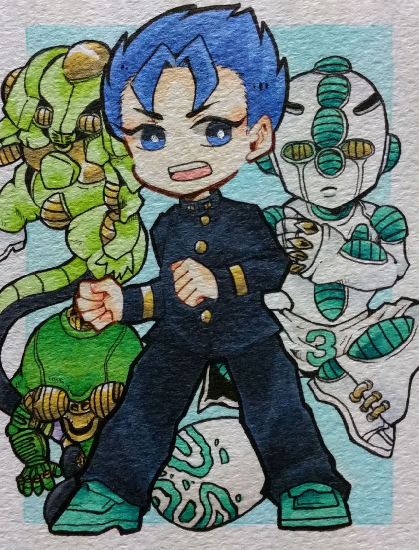 1boy absurdres aqua_shoes bad_id bad_pixiv_id blue_eyes blue_hair echoes_(stand) echoes_act1 echoes_act2 echoes_act3 egg full_body gakuran highres hirose_koichi jojo_no_kimyou_na_bouken male_focus open_mouth school_uniform shoes stand_(jojo) traditional_media yajima_(reivunxxx)