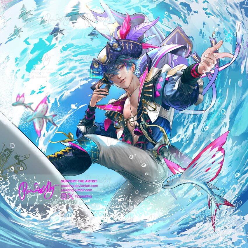 1boy abs artist_name black_boots blue_hair blue_sky boots brant_(wuthering_waves) commentary ear_piercing english_commentary fish flying_fish hat hat_feather highres holding holding_mask instagram_logo male_focus mask multicolored_hair muscular muscular_male pants pectoral_cleavage pectorals piercing pirate_hat pppauldng purple_eyes signature sky streaked_hair surfing twitter_logo waves white_pants wuthering_waves