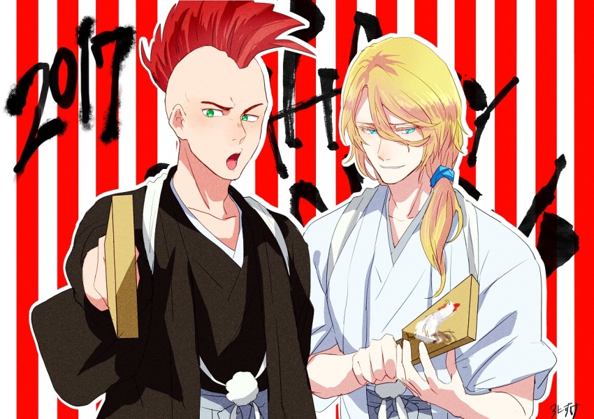 2017 2boys alternate_costume artist_name bad_id bad_pixiv_id bald bazz-b bird bleach blonde_hair blue_eyes chicken green_eyes haori_himo happy_new_year japanese_clothes jugram_haschwalth long_hair low_ponytail male_focus mohawk multiple_boys new_year open_mouth ponytail red_hair ronisuke upper_body