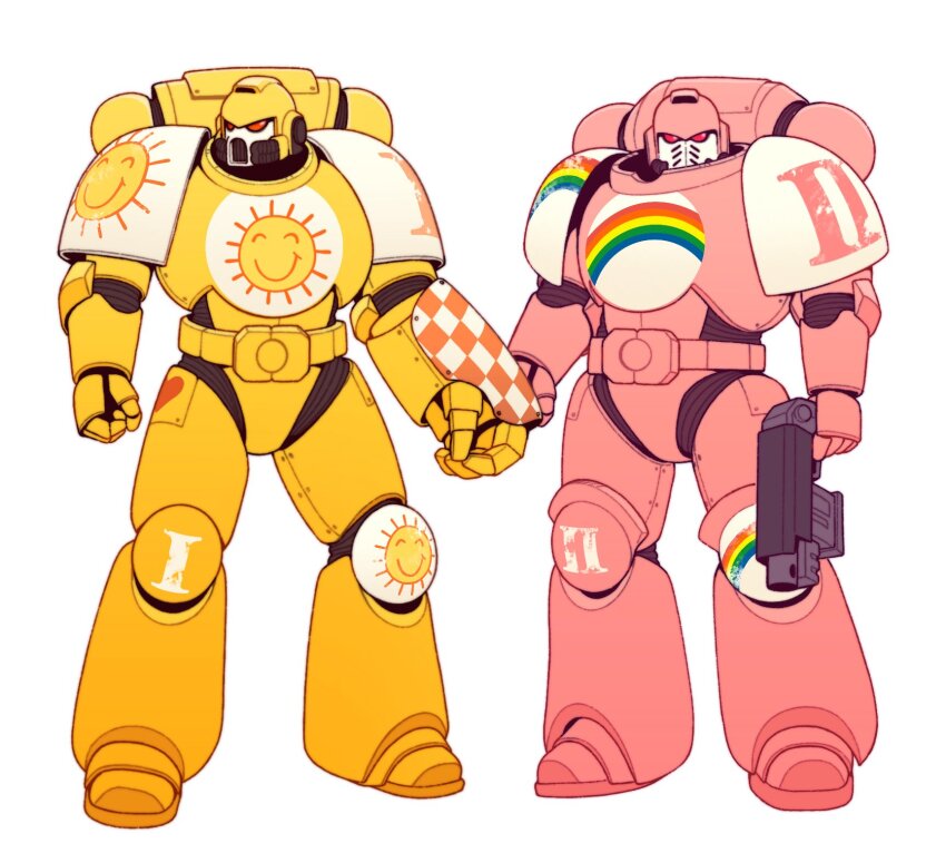 2boys adapted_costume adeptus_astartes armor care_bears cheer_bear cheer_bear_(cosplay) chumiicham cosplay full_body funshine_bear funshine_bear_(cosplay) gun highres holding holding_gun holding_weapon male_focus multiple_boys pink_armor simple_background warhammer_40k weapon white_background yellow_armor
