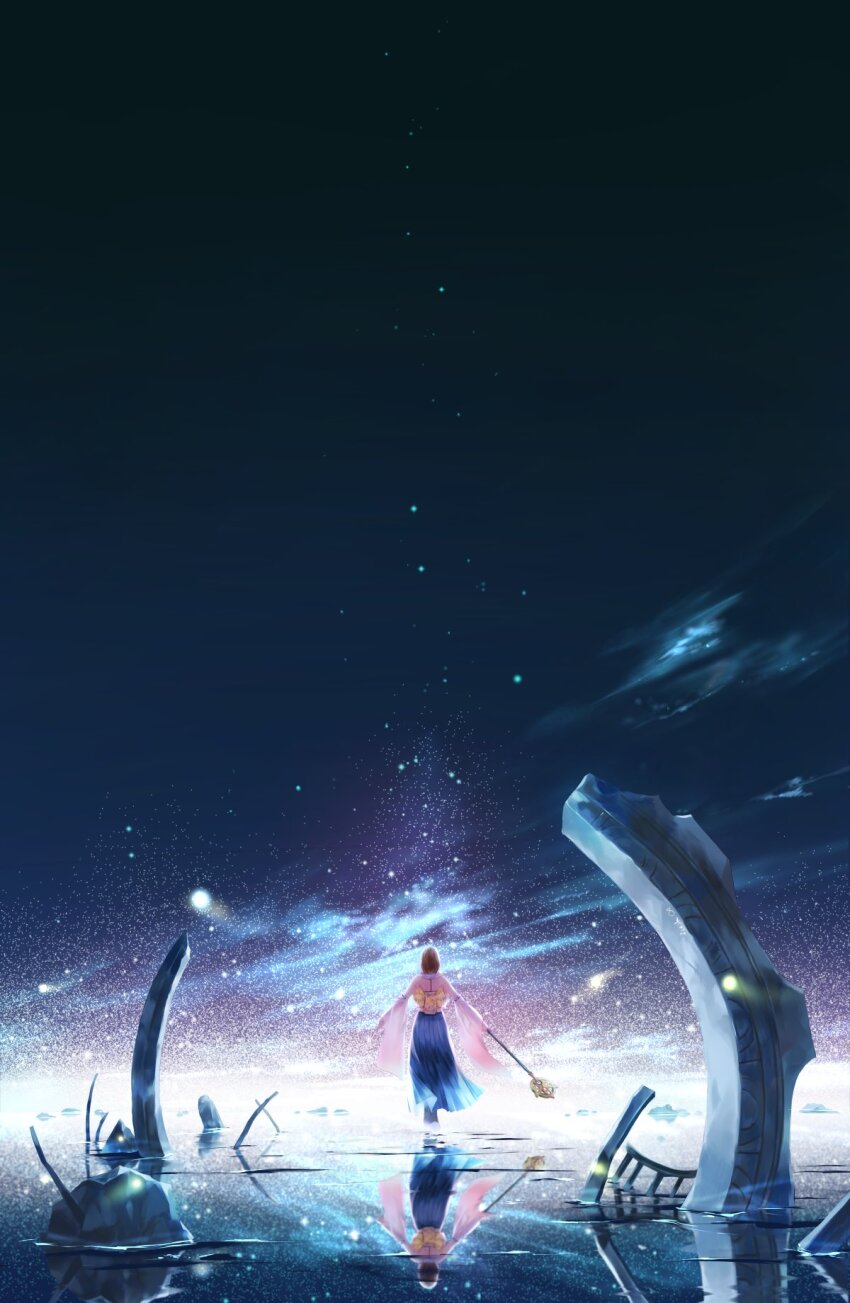 1girl blue_skirt brown_hair detached_sleeves facing_away ff_feeshtank final_fantasy final_fantasy_x from_behind full_body highres holding holding_staff long_skirt medium_hair night night_sky nontraditional_miko outstretched_arms reflection reflective_water shirt skirt sky solo staff summoner_(final_fantasy) walking walking_on_liquid white_shirt yuna_(ff10)