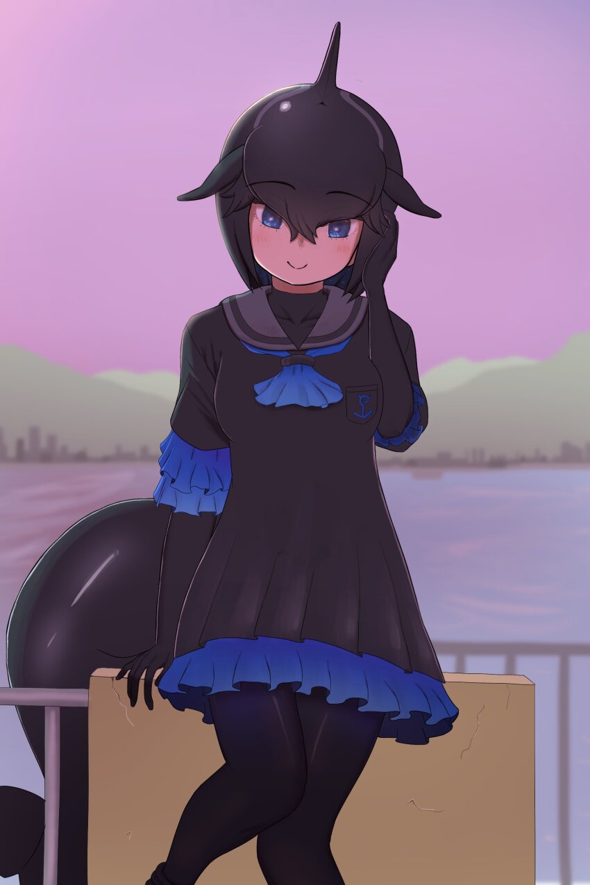 1girl absurdres anchor_symbol black_dress black_gloves black_hair black_pantyhose blowhole blue_dress blue_eyes blue_neckerchief blush breast_pocket cetacean_tail cowboy_shot dorsal_fin dress elbow_gloves fins fish_tail frilled_dress frills gloves hair_between_eyes hand_in_own_hair harusan_adelie head_fins highres japari_symbol kemono_friends neckerchief pantyhose pocket sailor_collar sailor_dress short-finned_pilot_whale_(kemono_friends) short_hair short_sleeves sidelocks sitting smile solo tail two-tone_dress whale_girl
