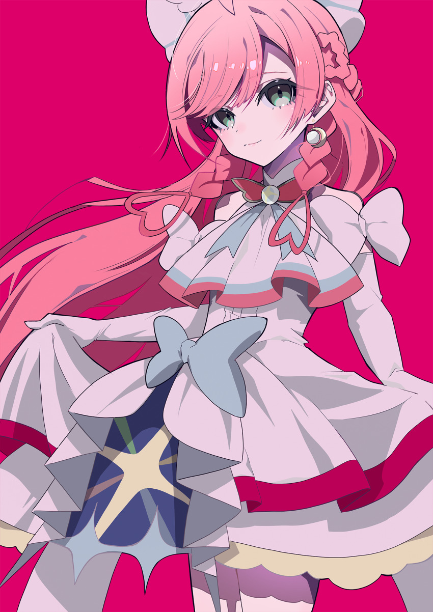 1girl ahoge aqua_eyes arm_bow ascot bare_shoulders blue_bow blue_ribbon bow braid breasts brooch closed_mouth commentary_request cowboy_shot cure_prism dot_nose dress earrings elbow_gloves eyelashes eyes_visible_through_hair gloves hair_bow hair_ornament half_up_half_down_braid happy heart heart-shaped_hair highres hirogaru_sky!_precure jewelry lace lace-trimmed_dress lace_trim large_breasts light_blush long_hair magical_girl mikoshiba_megu multiple_braids neck_ribbon nijigaoka_mashiro pink_background pink_hair precure ribbon short_dress side_braids simple_background skirt_hold smile solo sphere_earrings standing swept_bangs twin_braids very_long_hair waist_bow white_ascot white_bow white_dress white_gloves wing_hair_ornament