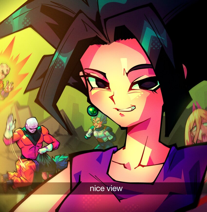 2girls 4boys absurdres all_fours alpharecdyt anger_vein armor aura bald black_hair blonde_hair blue_eyes blue_hair chainsaw_man clenched_hands clothes_grab commentary crossover dragon_ball dragon_ball_super earrings english_commentary english_text gloves grin hair_between_eyes highres horns jewelry jiren kefla_(dragon_ball) kneeling multiple_boys multiple_girls muscular muscular_male open_mouth potara_earrings power_(chainsaw_man) red_horns selfie shirt_grab smile snapchat son_goku spanking super_saiyan super_saiyan_blue tenshinhan third_eye tongue tongue_out vegeta white_gloves yellow_eyes