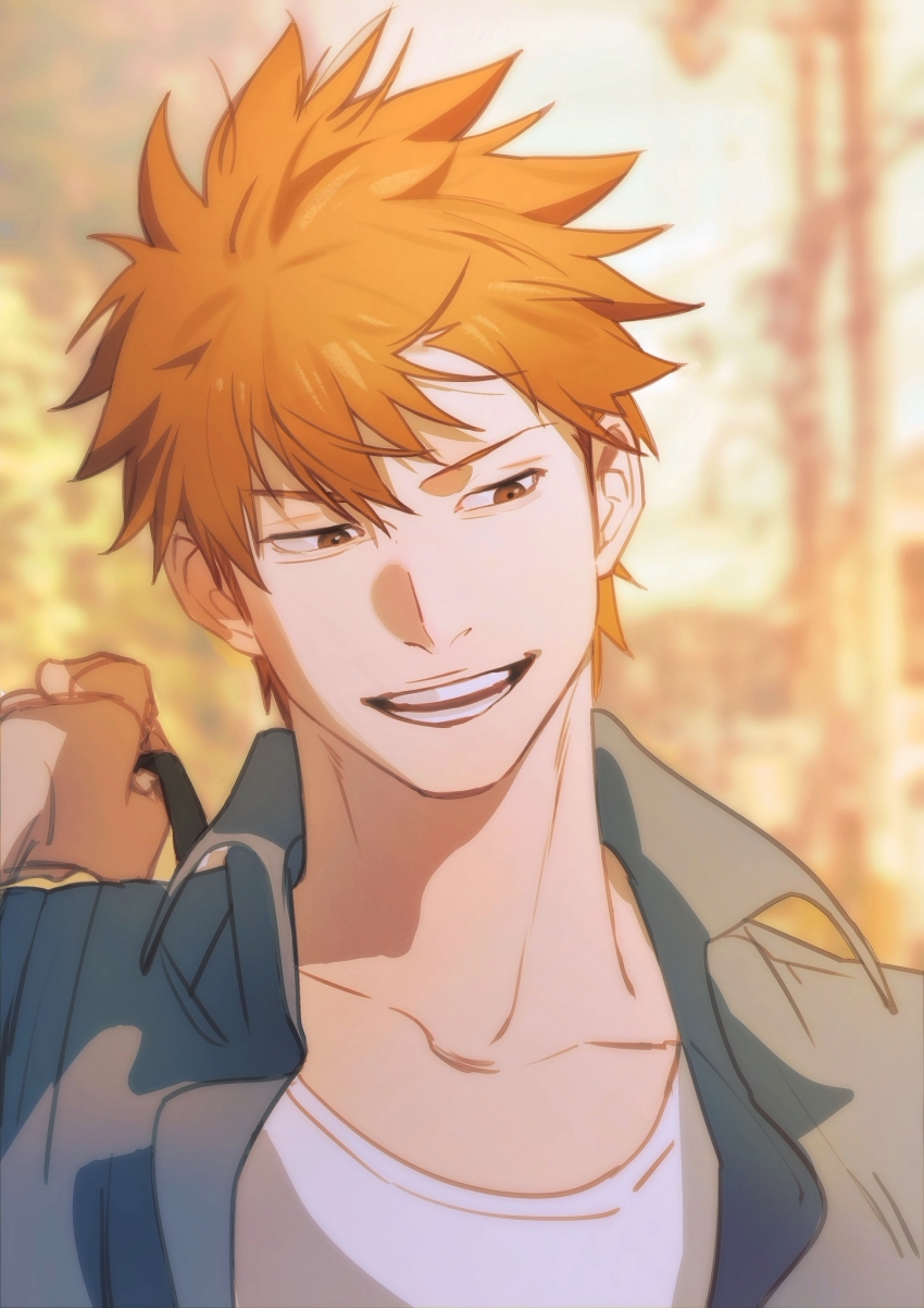 1boy bag bleach collared_shirt day grey_shirt highres holding holding_bag kurosaki_ichigo male_focus open_clothes open_mouth open_shirt orange_hair outdoors school_bag shirt short_hair smile solo tank_top tobu_(bilibil) white_tank_top