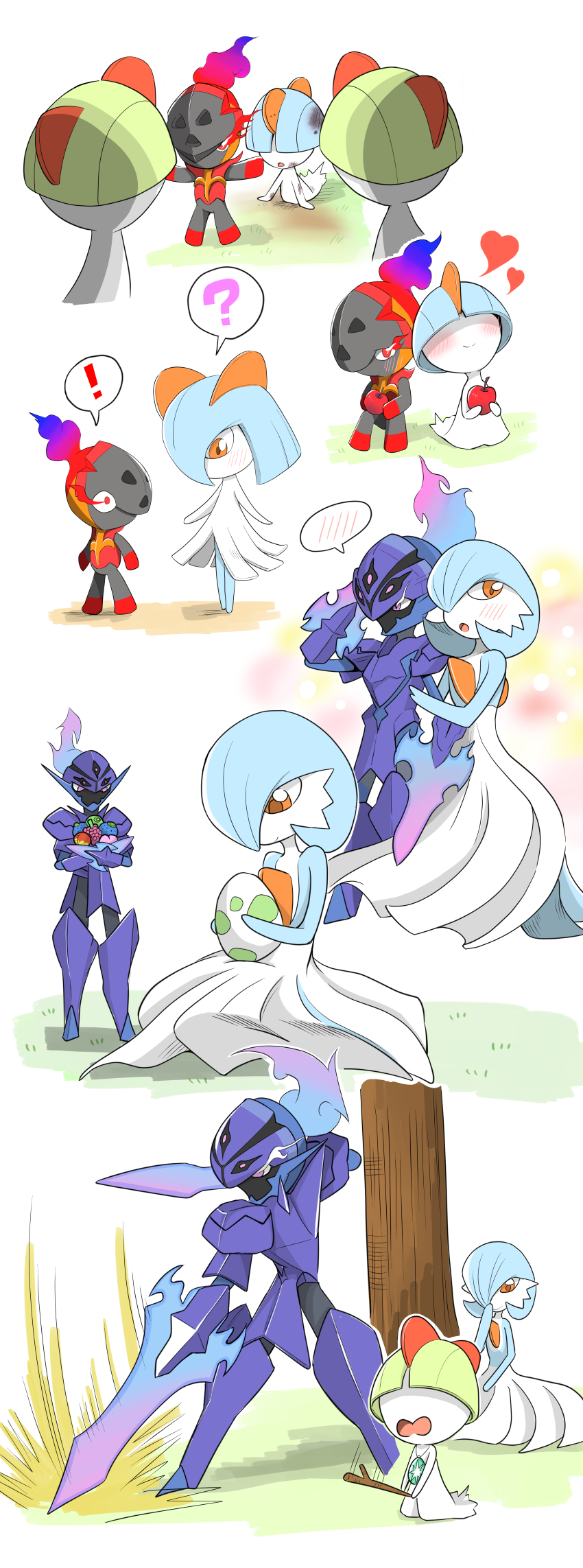 ! ? absurdres alternate_color apple arm_blade armor bakuhu1210 berry_(pokemon) blue_skin blush bob_cut bowl_cut ceruledge charcadet colored_skin dawn_stone dress egg evolution_stone fire food fruit gardevoir gen_3_pokemon green_hair hair_over_eyes hair_over_one_eye heart highres holding holding_food holding_fruit horns incredibly_absurdres kirlia multicolored_skin nintendo open_mouth oran_berry orange_eyes pokemon pokemon_(creature) pokemon_egg purple_eyes ralts red_eyes shiny_pokemon sidelocks stick sword two-tone_skin weapon white_dress white_skin