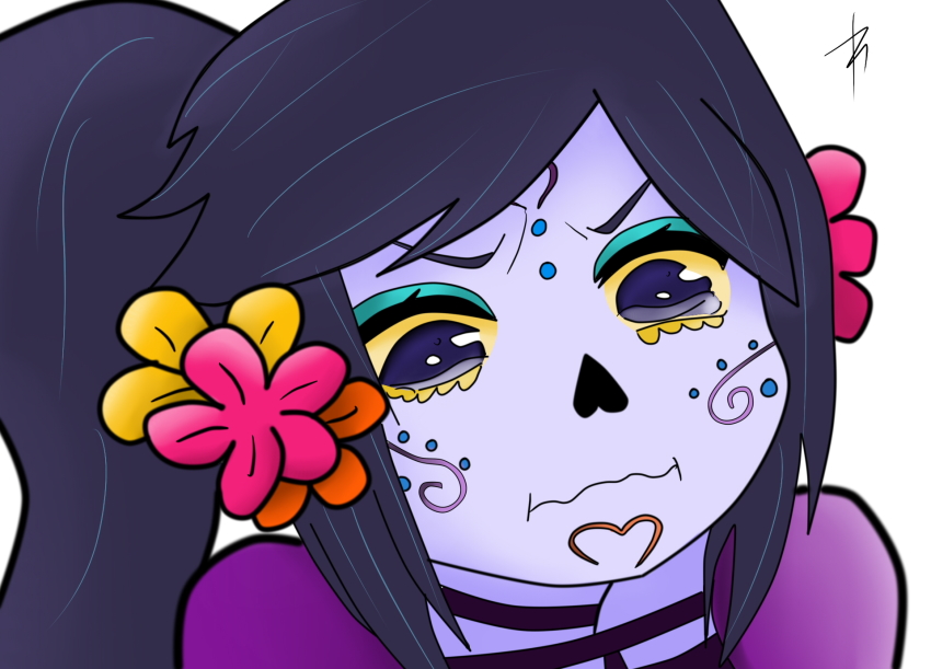 1girl artist_request black_hair blue_eyes catalina_(catalina_la_catrina) catalina_la_catrina colored_sclera derivative_work dia_de_muertos dress facepaint female_focus flower hair_flower hair_ornament heart highres kono_subarashii_sekai_ni_shukufuku_wo! long_hair meme mexico parody ponytail purple_dress screenshot_redraw skeleton tears televisa white_background yellow_sclera