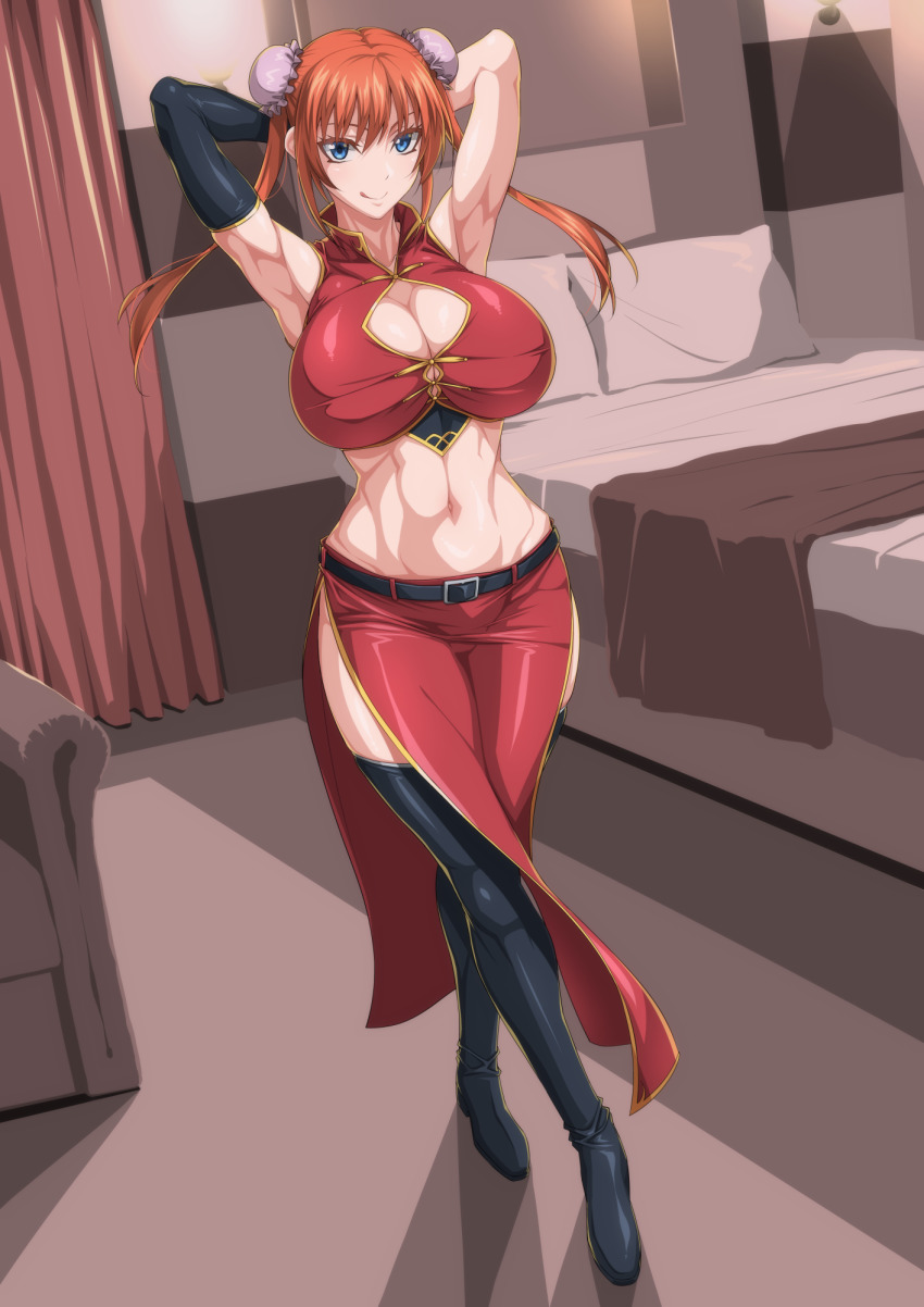 1girl :q armpits arms_up bare_shoulders bed belt black_belt black_boots black_gloves blanket blue_eyes boots breasts bun_cover chinese_clothes cleavage cleavage_cutout closed_mouth clothing_cutout colored_skin commentary_request commission couch crop_top crossed_legs curtains double_bun elbow_gloves full_body gintama gloves groin hair_bun highres indoors kagura_(gintama) large_breasts long_hair long_skirt looking_at_viewer midriff navel orange_hair ozaneko partial_commentary pillow red_legwear red_skirt shadow shirt side_slit sidelocks single_elbow_glove skeb_commission skin_tight skirt sleeveless sleeveless_shirt smile solo standing thigh_boots tongue tongue_out twintails watson_cross