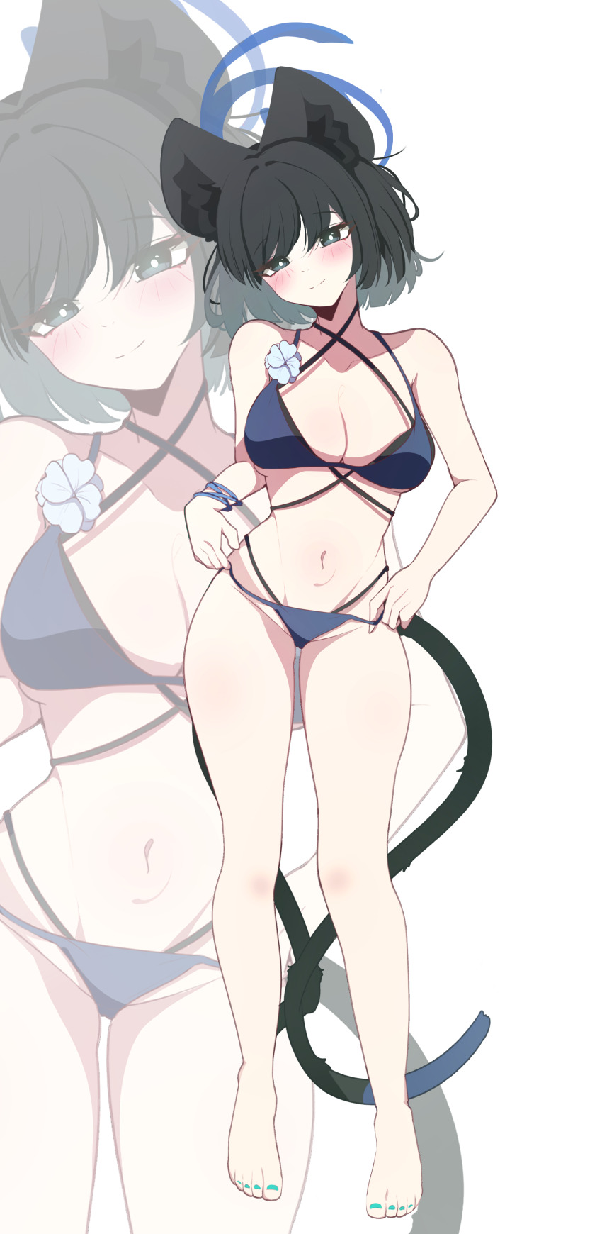 1girl absurdres amebrew animal_ear_fluff bare_legs barefoot bikini black_eyes black_hair blue_archive blue_bikini breasts cat_girl cat_tail cleavage flower highres kikyou_(blue_archive) kikyou_(swimsuit)_(blue_archive) large_breasts multiple_tails navel official_alternate_costume short_hair solo stomach swimsuit tail teeth two_tails white_flower zoom_layer
