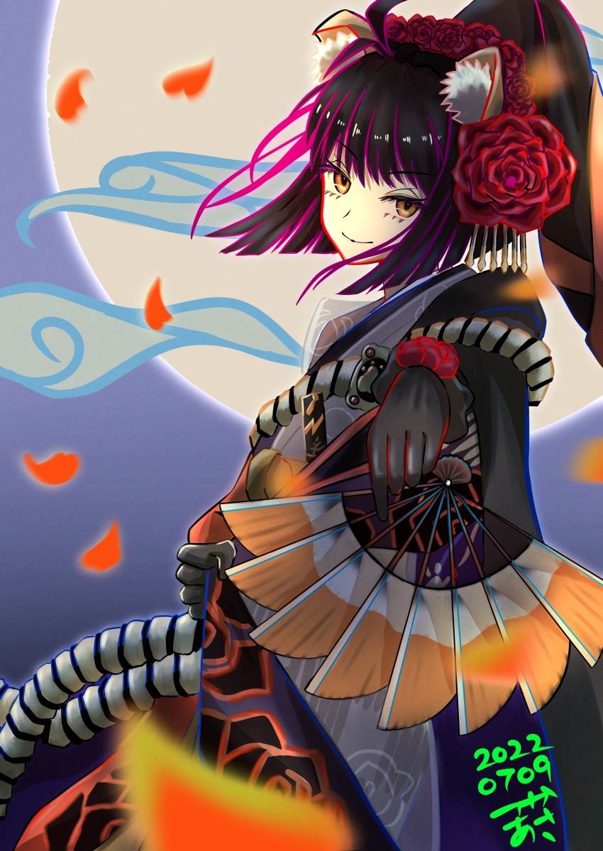 1girl absurdres ahoge animal_ear_fluff animal_ears black_cape cape closed_mouth dated dog_ears fake_animal_ears fate/grand_order fate_(series) floral_print floral_print_kimono flower folding_fan hair_flower hair_ornament hand_fan highres japanese_clothes kimono kyokutei_bakin_(fate) leaf looking_at_viewer moon multicolored_hair orange_eyes pink_hair print_kimono red_flower short_hair smile solo tsukaasa two-tone_hair