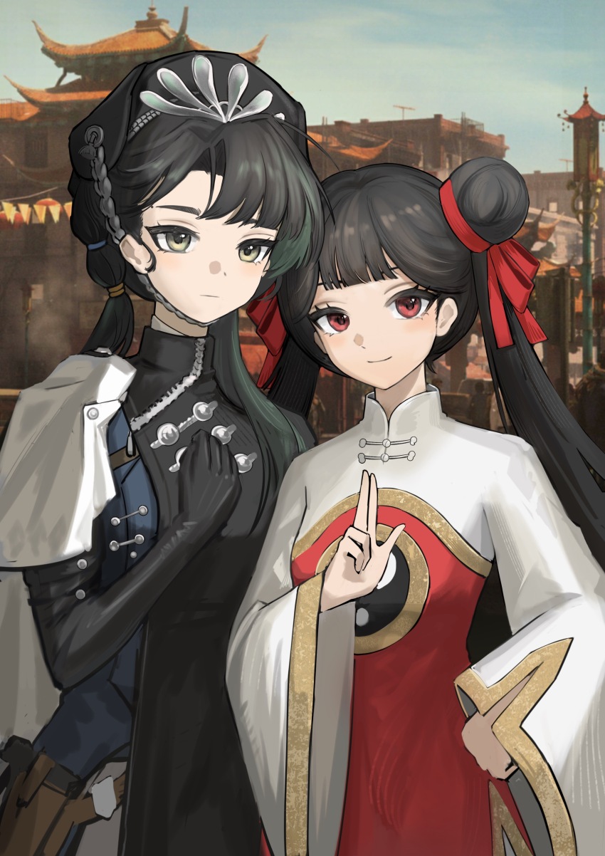 2girls :| absurdres architecture black_dress black_gloves black_hair black_hat blue_sky cape cardcaptor_sakura chin_strap closed_mouth day double_bun dress east_asian_architecture elbow_gloves game_screenshot_background gloves hair_bun hair_ribbon hand_on_own_chest hand_on_own_hip hand_up hat highres holster jiaolu_chongzu li_meiling liang_yue_(reverse:1999) long_hair looking_at_viewer low_twintails multiple_girls outdoors police police_uniform policewoman red_dress red_eyes red_ribbon reverse:1999 ribbon screenshot_background side_cape sky smile twintails white_cape white_sleeves wide_sleeves yellow_eyes yin_yang yin_yang_print