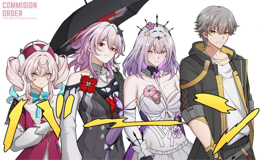 1boy 3girls caelus_(honkai:_star_rail) castorice_(honkai:_star_rail) centauri-d commission evernight_(honkai:_star_rail) grey_hair highres honkai:_star_rail honkai_(series) hyacine_(honkai:_star_rail) jojo_no_kimyou_na_bouken let&#039;s_hit_the_road_(jojo) march_7th_(honkai:_star_rail) multiple_girls pink_hair purple_eyes red_eyes scene_reference simple_background stardust_crusaders trailblazer_(honkai:_star_rail) upper_body white_background yellow_eyes
