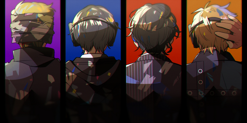 4boys android back black_hair blonde_hair blue_background brown_hair facing_away from_behind headphones hito01 hood hoodie horobi_(kamen_rider_01) humagear_headphones ikazuchi_(kamen_rider_01) jacket jin_(kamen_rider_01) kamen_rider kamen_rider_01_(series) male_focus multiple_boys naki_(kamen_rider_01) orange_background purple_background red_background shirt