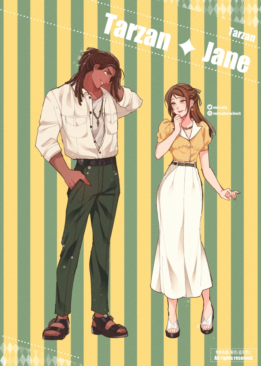 1boy 1girl absurdres animification brown_hair casual contemporary dark-skinned_male dark_skin full_body highres jane_porter long_hair looking_at_viewer makeup mizala muscular muscular_male sandals simple_background smile tarzan_(disney) tarzan_(disney_movie)