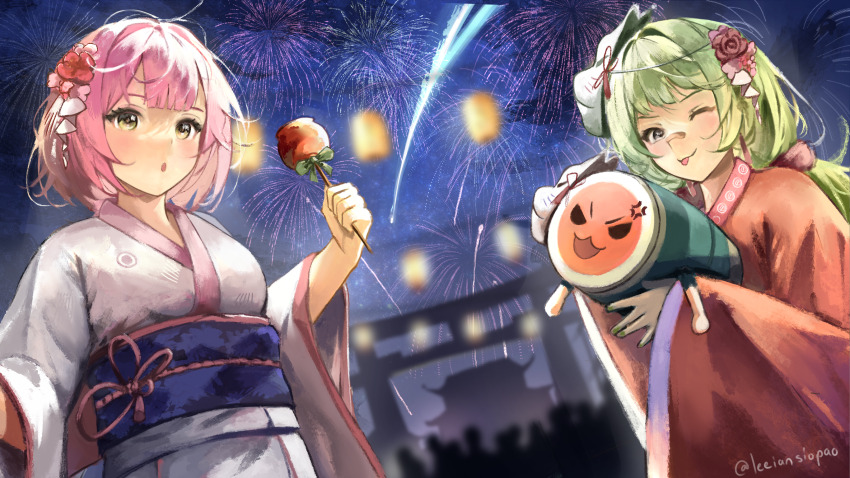 2girls :o ;p aerial_fireworks anger_vein bob_cut breasts candy_apple commentary creature dutch_angle english_commentary fireworks food fox_mask grey_eyes grey_hair hair_intakes highres holding holding_creature holding_food japanese_clothes kimono leeian long_hair long_sleeves low_twintails making-of_available mask mask_on_head medium_breasts mocha_(osu!) multiple_girls night night_sky noh_mask one_eye_closed osu! outdoors pink_hair pippi_(osu!) red_kimono second-party_source shooting_star short_hair sky taiko_no_tatsujin tongue tongue_out torii twintails twitter_username v-shaped_eyebrows v-shaped_eyes wada_don white_kimono wide_sleeves